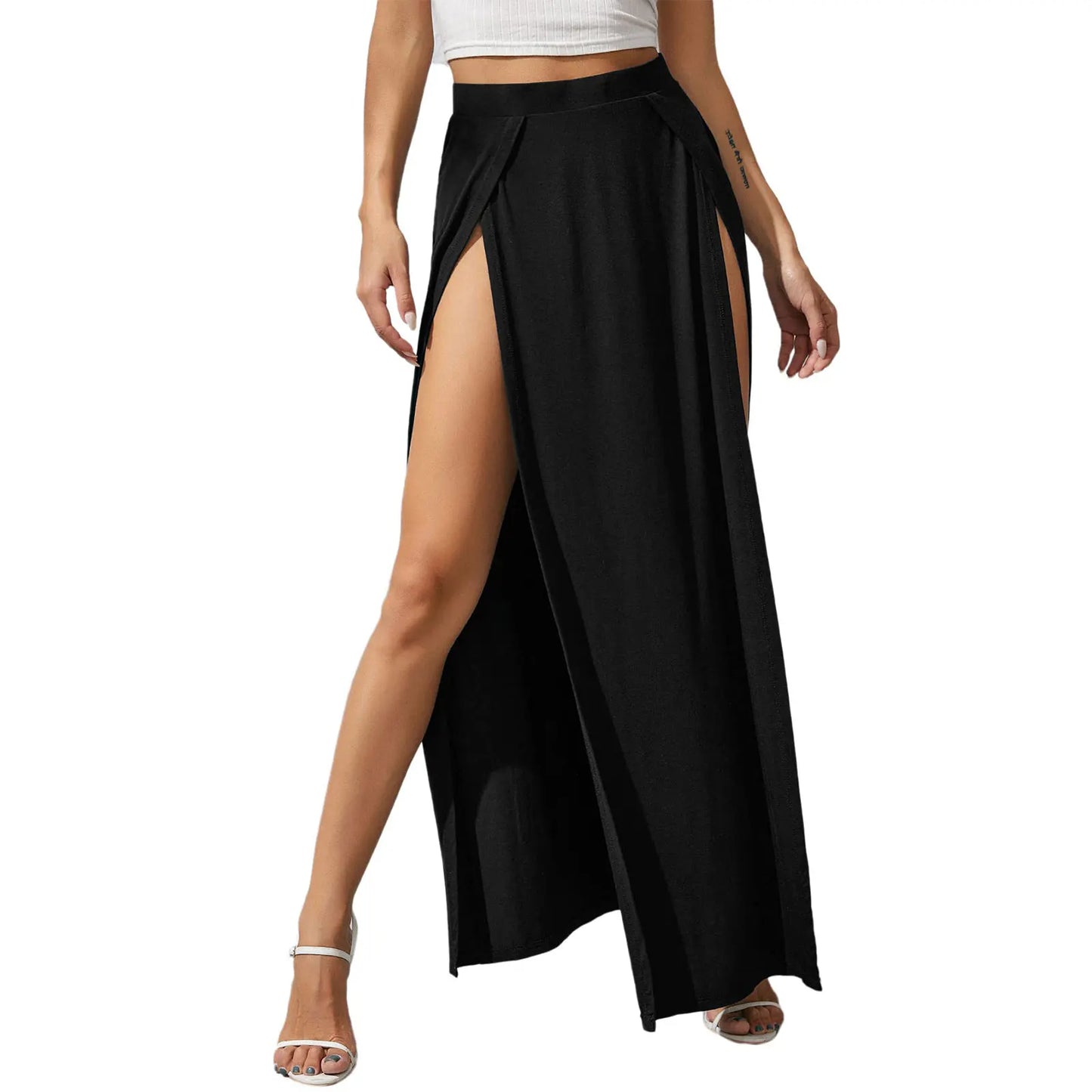 Side Split High Waisted Stretchy Ribbed Knit Bodycon Casual Party Skirt