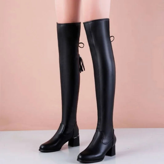 Women Soft Leather Elastic Short Plush Thick Heels Slip On Knight Knee High Boots