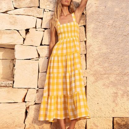 Fashionable Loose Strappy Plaid Vacation Beach Party Sleeveless Casual Tiered Midi Dress