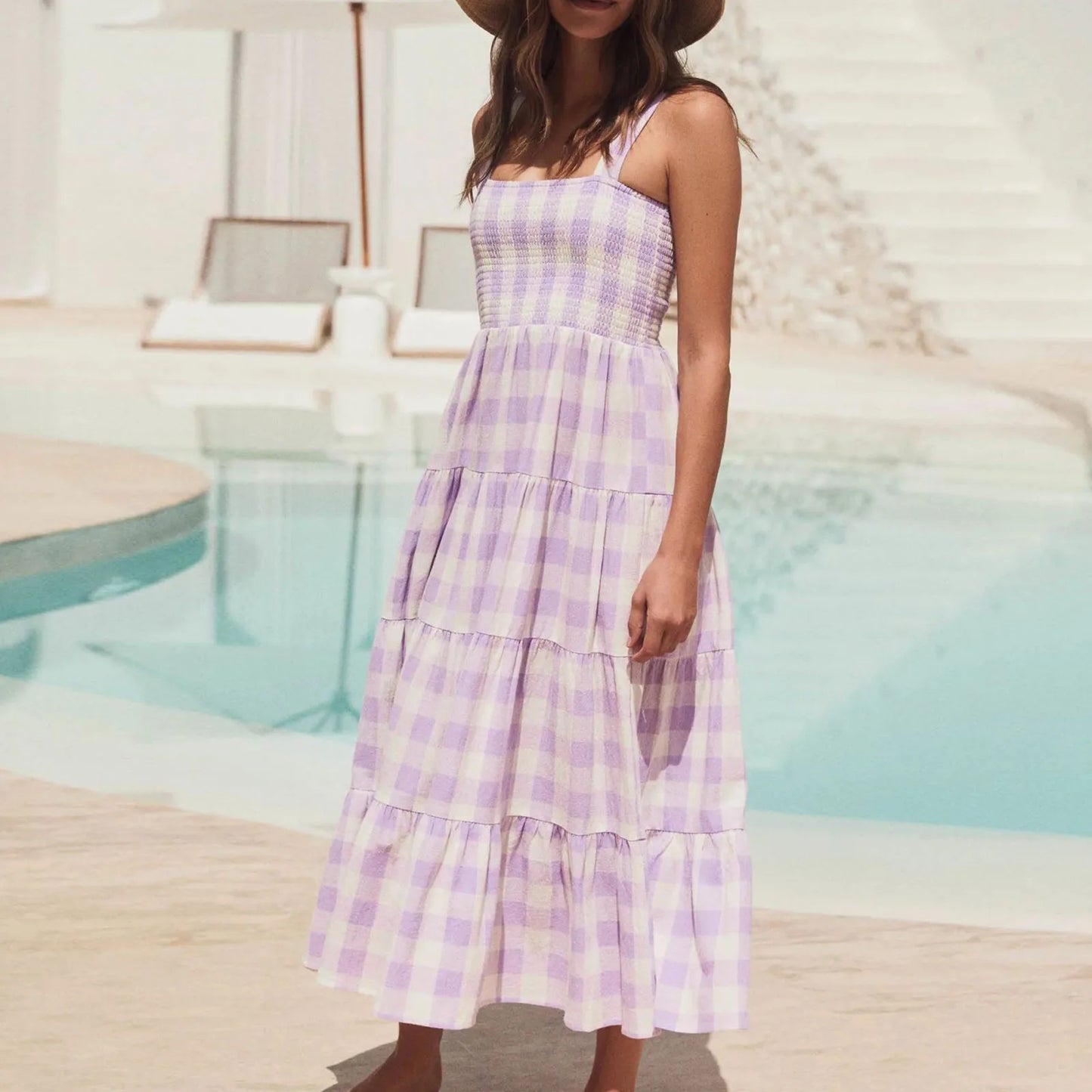 Fashionable Loose Strappy Plaid Vacation Beach Party Sleeveless Casual Tiered Midi Dress