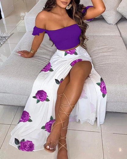 DressBetty - Summer Floral Print Elegant Sexy Off Shoulder Split Long Maxi Skirt