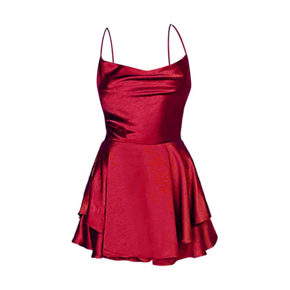 Elegant Red Backless Ruffled Halter Summer Evening Party Dress