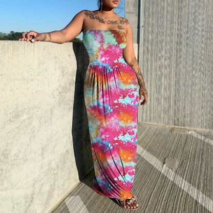 Tie Dye Print Sleeveless Strapless Long Flare Loose Floor Length Casual Sexy Outfit Beach Dress