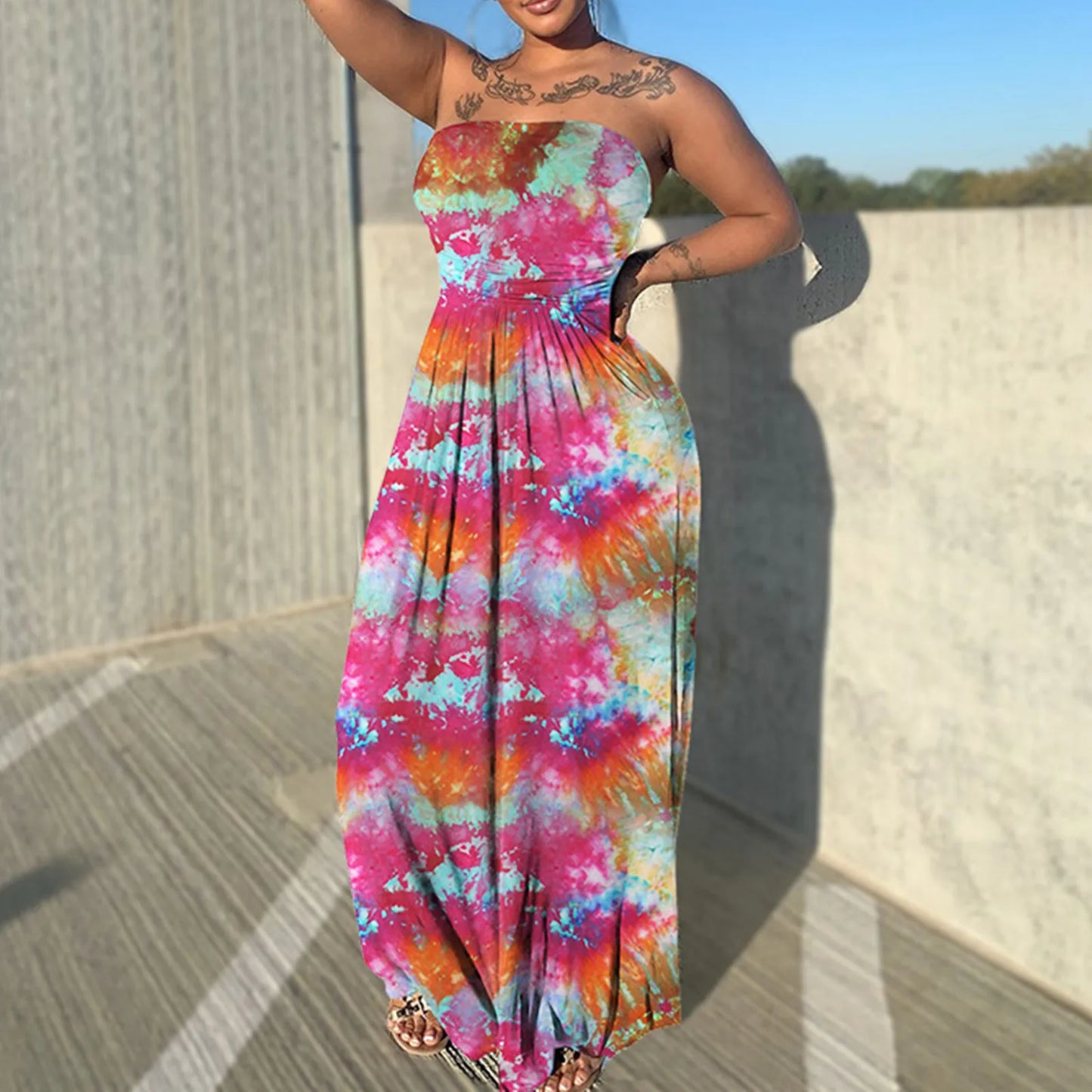 Tie Dye Print Sleeveless Strapless Long Flare Loose Floor Length Casual Sexy Outfit Beach Dress