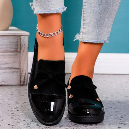 Black Leather Bow Autumn Sneakers Comfortable Casual Flat Loafers