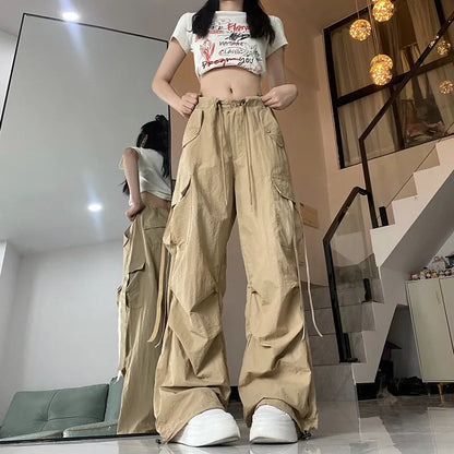 Khaki Straight Baggy  Wide Leg High Waist Drawstring Sweatpants