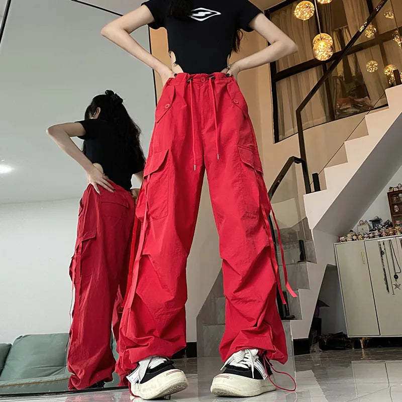 Khaki Straight Baggy  Wide Leg High Waist Drawstring Sweatpants