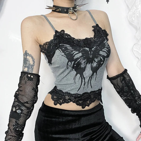 Women's Butterfly Skull Print Contrast Lace Strap Sleeveless Punk Gothic Crop Top