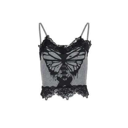 Women's Butterfly Skull Print Contrast Lace Strap Sleeveless Punk Gothic Crop Top