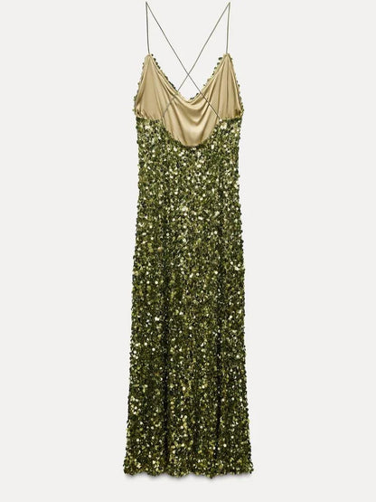 Green Sequin Backless Sling Dress - Sexy Off Shoulder Christmas Party Dress