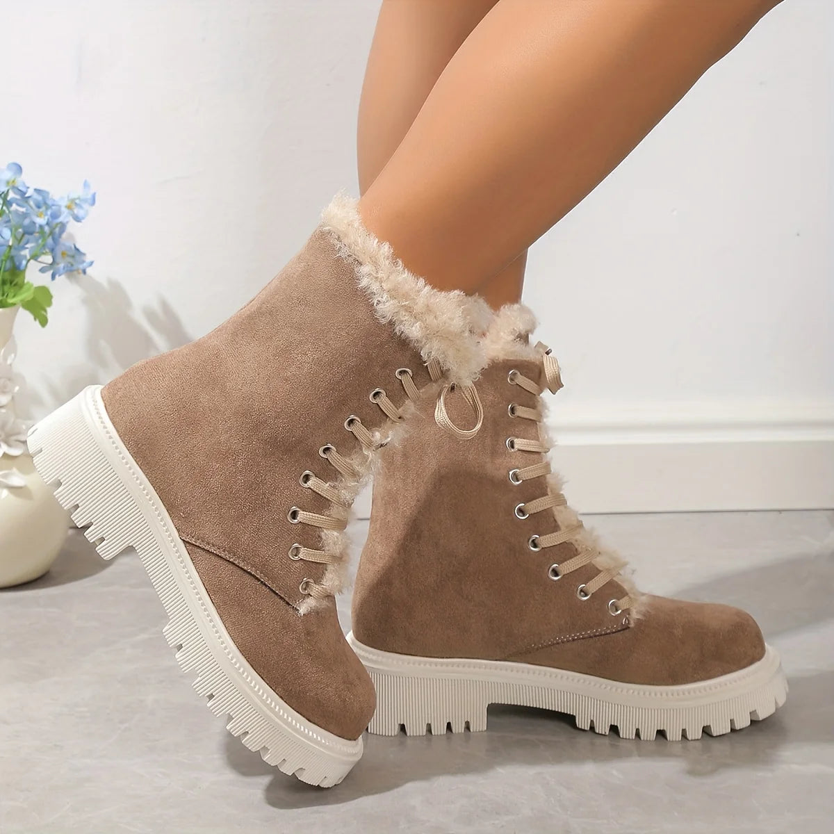 Plush Lined Thermal Lace Up Mid-Calf Chunky Outdoor Snow Boot