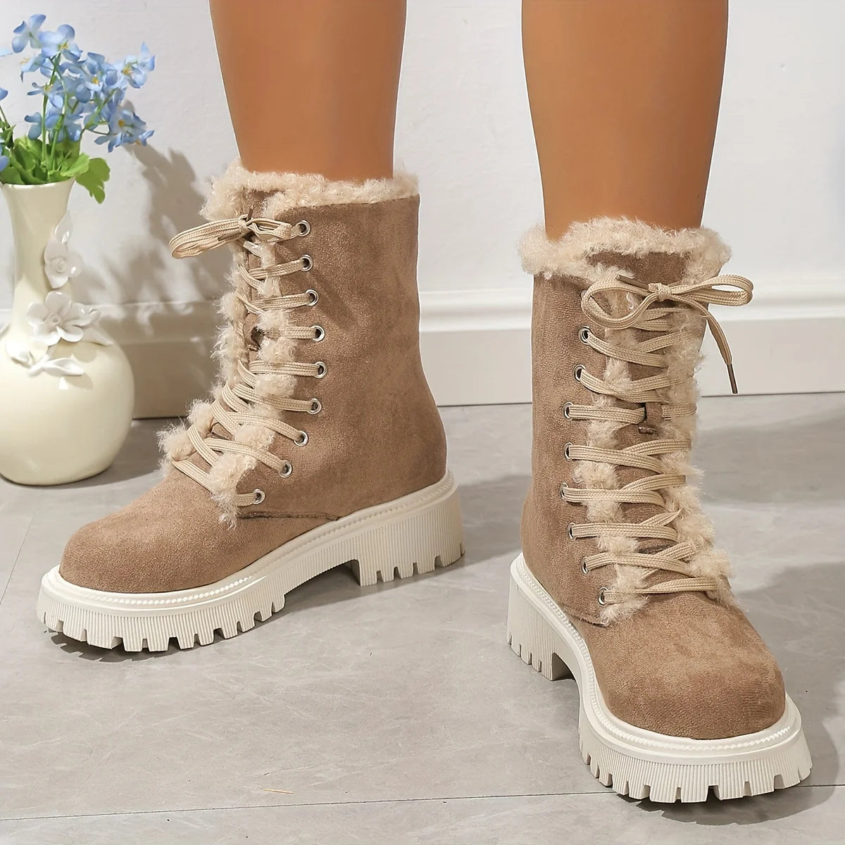 Plush Lined Thermal Lace Up Mid-Calf Chunky Outdoor Snow Boot