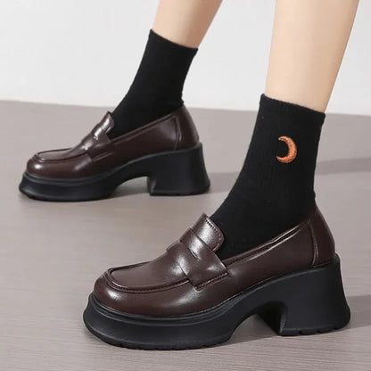 Slip On Thick Platform Black School Uniform Japan Style Leather Pumps Loafers