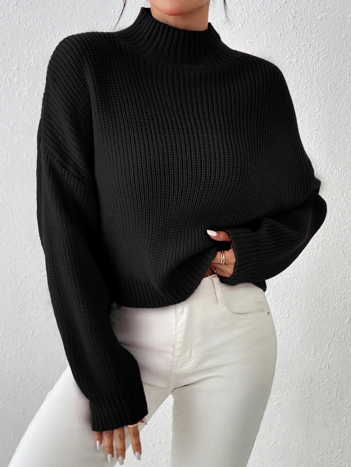 Ribbed Knitted Mock Long Solid High Drop Shoulder Sweater