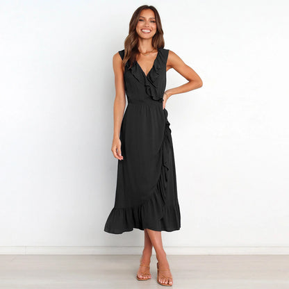 Ruffled Sleeveless V-neck Ruffled High-grade Elegant Traf Midi Dresses