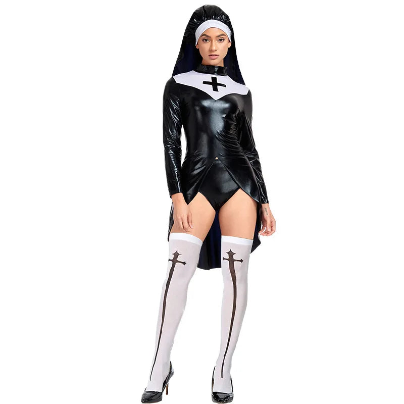 Saintlike Faux Leather PVC Nun Roleplay Halloween Fancy Dress Costume