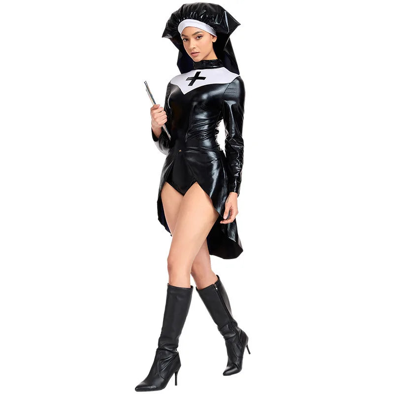 Saintlike Faux Leather PVC Nun Roleplay Halloween Fancy Dress Costume