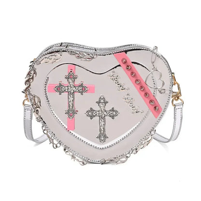 Heart-Shaped Leather Gothic Punk Crossbody Metal Decoration Shoulder Bag