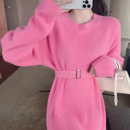 Autumn Winter Loose Lace Waist Oversized Soft Knitted Sweater