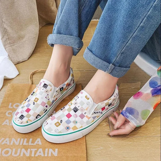 Womens Canvas Shoes Multicolor Checkerboard Design Men Slip-On Footwear Girls Flats Couple Summer Fashion Sneakers Size 35-44