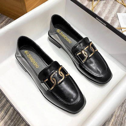 Black Fur Square Toe All-Match Leather Fall Casual Derby Oxfords Loafers