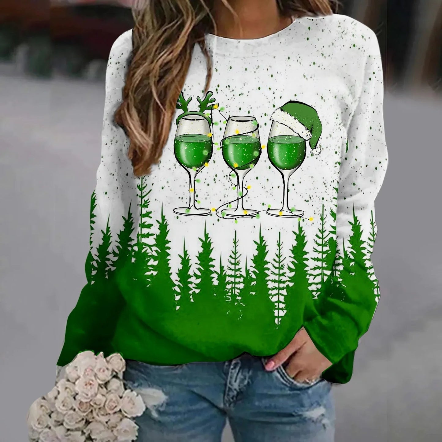 Print Crew Neck Soft Long Sleeve Casual Loose Y2K Winter Christmas Hoodie