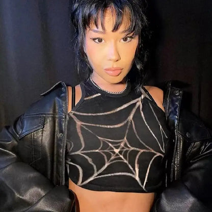 Dark Grunge Spider Web Gothic Graphic Crop Top