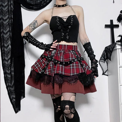 Y2k Lolita Cake Mini Gothic Harajuku Girls Plaid Pleated Sweet Lace Kawaii Skirt