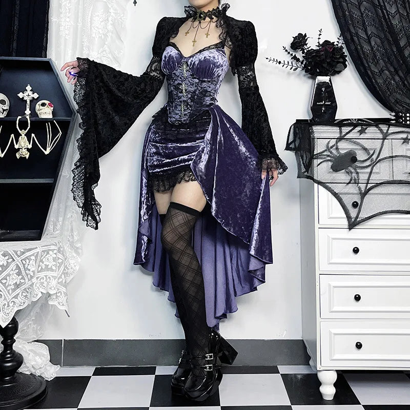 French Fashion Purple Slim Sling Trailing Gothic Dark High Waist Irregular Fairy Grunge Dress