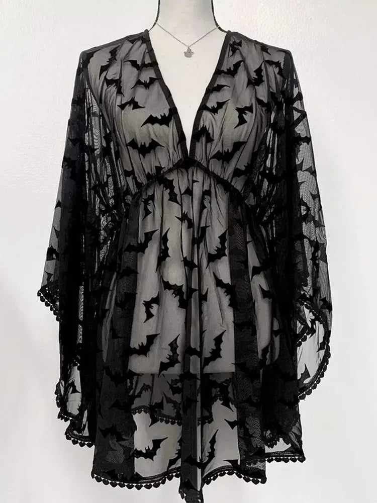 Grunge Aesthetic See Through Black Goth Lace E-Girls Chiffon Graphic Bat Night Club Dress