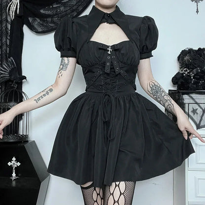 Dark Gothic Spaghetti Strap Elegant Grunge Ruched Bandage Punk Steampunk Dress