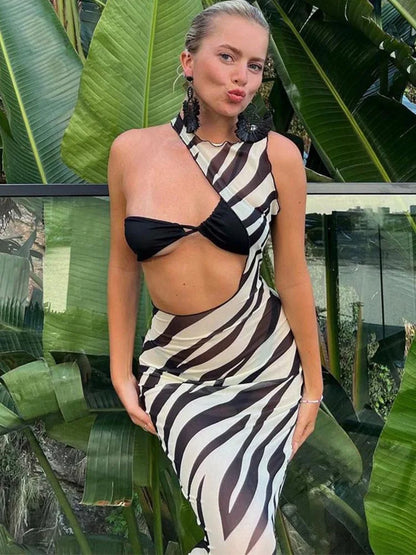 Zebra Transparent Striped Cut Out Vacation Midi Dresses