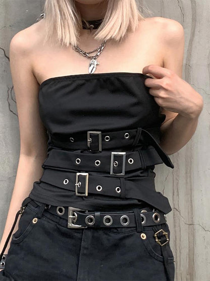 Gothic Eyelet Bandage Design Punk Black Sleeveless Crop Top