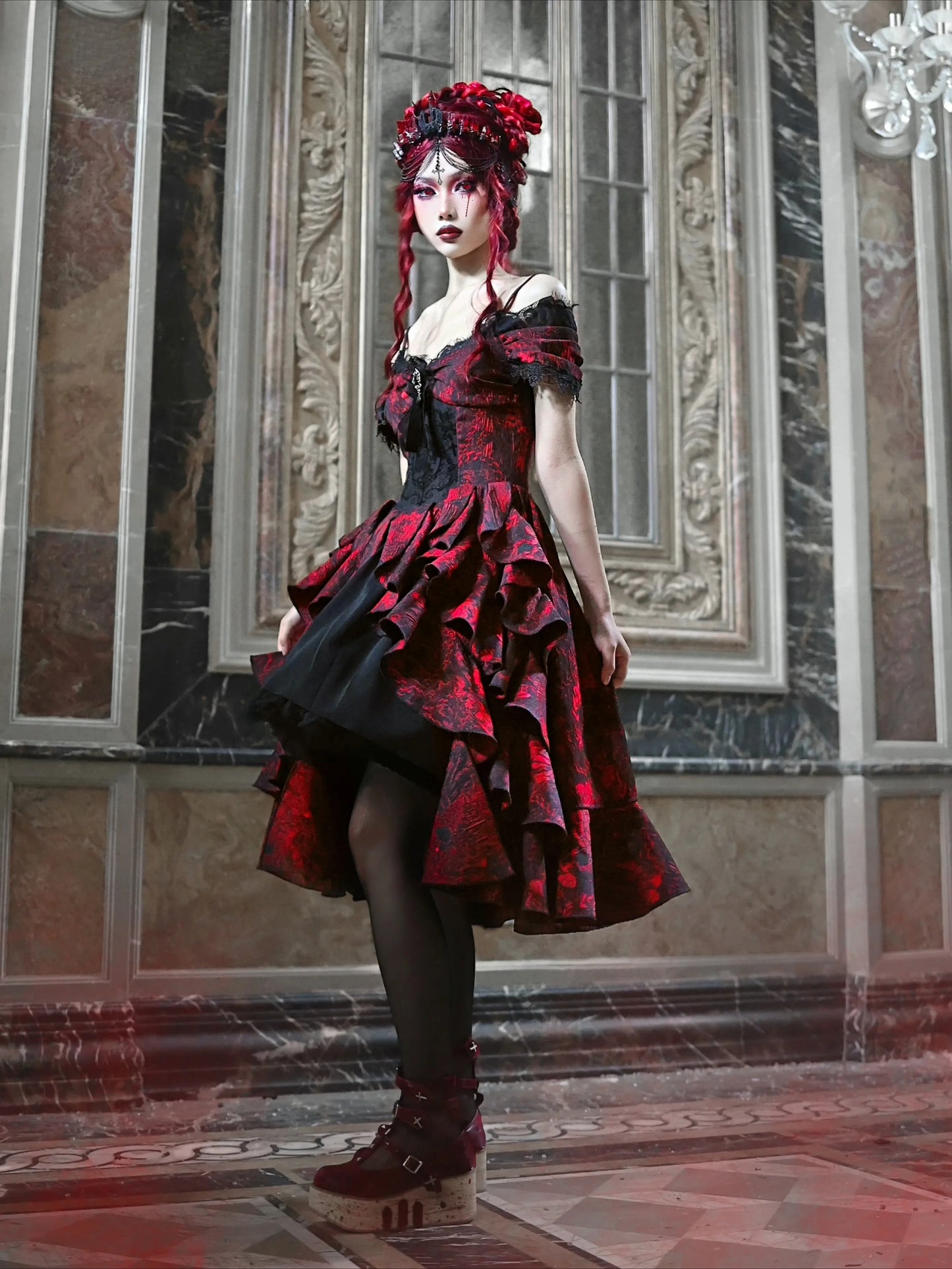 Japanese Gothic Style Red Black Halloween Off-Shoulder Court Wave Autumn Dark High-Waist Lolita Party Dress