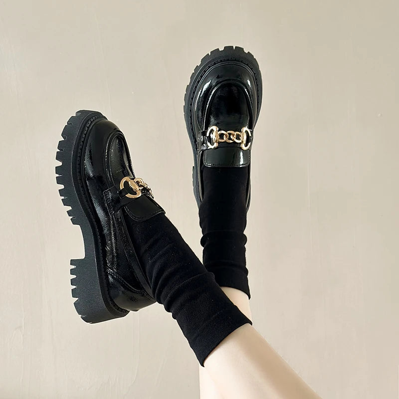 Black Patent Leather Platform Fashion Tassel British Middle Heels Flats Loafers