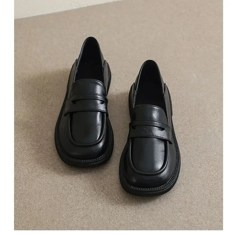 Luxury Black Leather Platform British Style Low Heels Casual Spring Loafers