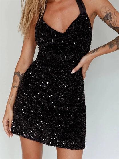 Glitter Halter Party Sexy Sequined Tie-Up Mini Dresses