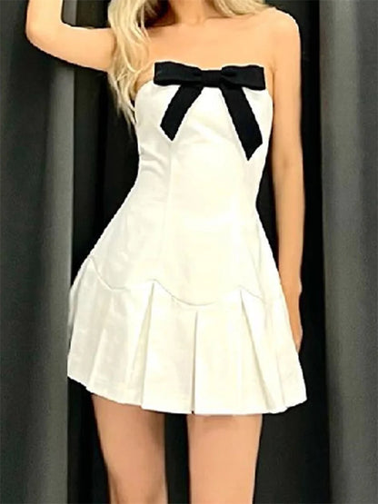 Bowknot Patchwork Strapless Off Shoulder Tube Mini Dresses