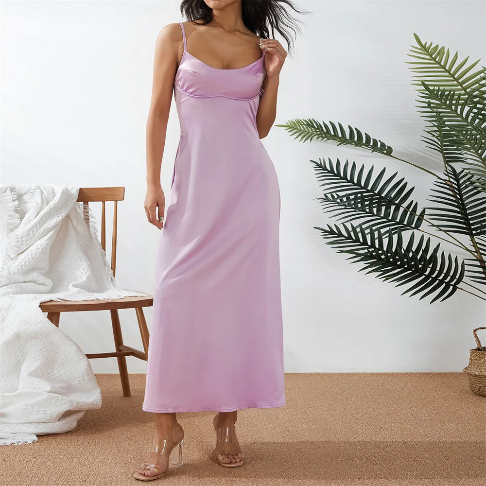 DressBetty - 2024 Women Solid Color Silky Satin Slip Summer Casual Sleeveless Maxi Dress