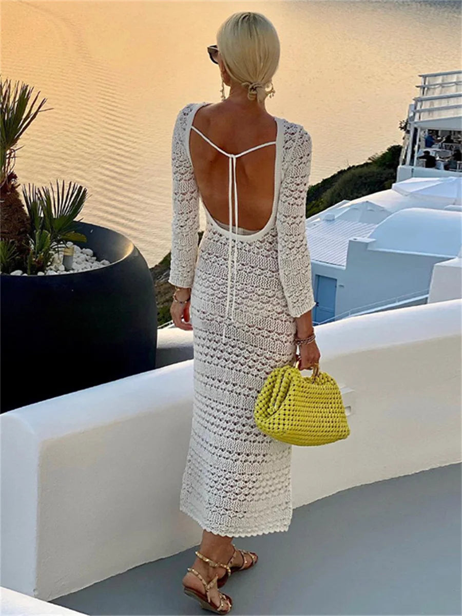 DressBetty - 2024 Backless Tie Up Knit Crochet Hollow-Out Beach Maxi Dress